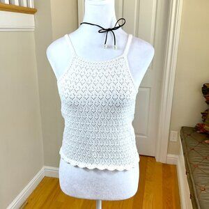 French Connection Top Knit Y2K Cropped White Ivory Strappy Scallop Hem (S)